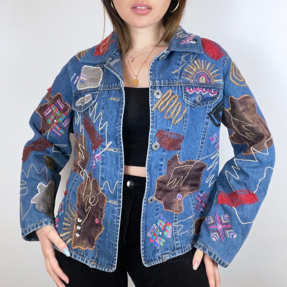 Vintage Blue Denim Jean Jacket with Multicolor Embroidery